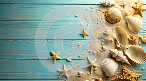 Summer scene with sand, shells and a starfish on an old blue wooden floor with copyspace