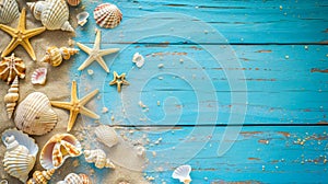 Summer scene with sand, shells and a starfish on an old blue wooden floor with copyspace