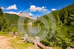 Summer scenery of mountain lake Lacul Rosu or Red Lake in Eastern Carpathians, Harghita County, Romania