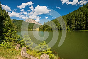 Summer scenery of mountain lake Lacul Rosu or Red Lake in Eastern Carpathians, Harghita County, Romania