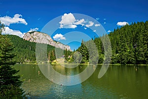 Summer scenery of mountain lake Lacul Rosu or Red Lake in Eastern Carpathians, Harghita County, Romania