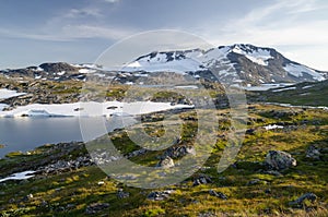 Summer scenery of mountains and lake in Jotunheimen, Norway