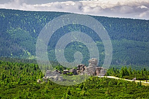 Summer scenery of the trail on Mount Szrenica in the Karkonosze Mountains, Poland