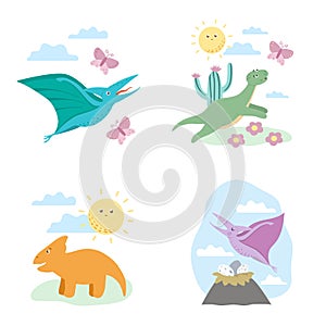 Summer scenes with cute dinosaurs. Illustration with dinos playing, flying, running. Funny prehistoric reptiles illustration for