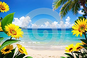 Summer sea background image with sunflowers