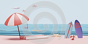 Summer sea beach and sky with umbrella,beach ball,Inflatable flamingo,rubber raft ,surfboard starfish, plane, cloud landscape