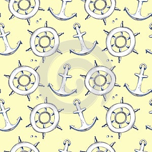 Summer sea doodle anchors and handwheels, seamless pattern yellow