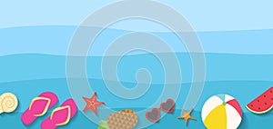 Summer Sea horizontal background for banner with blue waves and different summer icons such as sea shell, sea star, watermelon