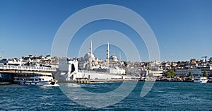 Summer sea landscape with a bridge, the Sofia mosque and ships on a sunny day. Istanbul