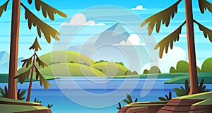 Summer sea landscape. Ocean seashore panorama, bay with vegetation and pine-trees, summer nature cartoon vector