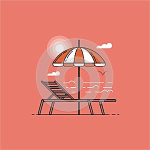 Summer sea landscape with umbrella and beach chair by sunset in flat design