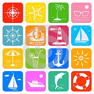 Summer sea ocean vacation travel cruise colorful icons set.