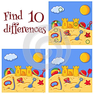 Summer sea sand castle and toys find 10 differences quiz vector cartoon illustration