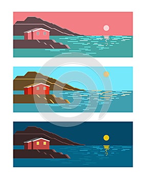 Summer sea sun dawn, noon and night colorful landscape