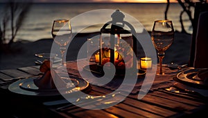 Summer sea sunset. Romantic picnic on the beach. Bottle of wine, glasses, candles, plaid and pillows. AI generated