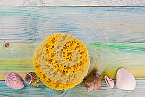 Summer sea vacation mockup background. Notebook blank page with Travel items on blue green wooden table. Sea shells