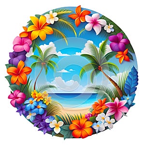 Summer sea view and beautiful flowers inside the circle.