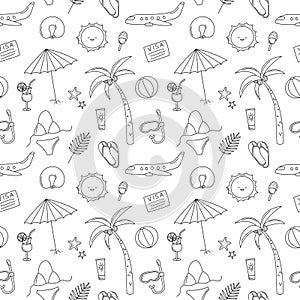 Summer seamless black and white doodles pattern. Vector vacation background. Funny hand drawn travel elements