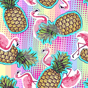 Summer seamless bright pattern with flamingo and pineapple. Zine Culture style summer background