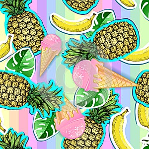 Summer seamless bright pattern with pineapple and banana. Zine Culture style summer background