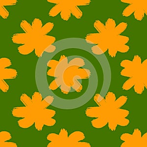 Summer seamless floral patttern with bright orange flower bud silhouettes. Green background. Contrast style