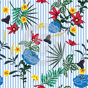 Summer Seamless garden flowers pattern on blue white stripes. L
