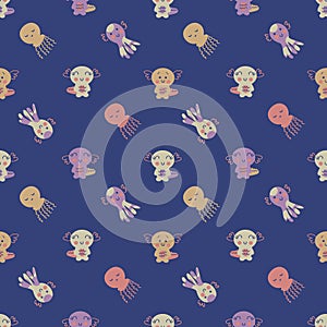 Summer seamless pattern with axolotls, octopus and jellyfish. Perfect for T-shirt, textile and print. Hand drawn illustration