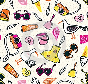 Summer seamless pattern with beach things on the sand. photo
