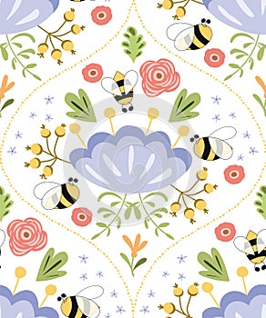 Summer seamless pattern bee flowers Damask floral print. Cute pattern design for fabric textile print