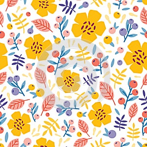 Summer seamless pattern with blooming plants on white background. Floral backdrop with meadow flowers and berries. Flat