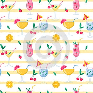 Summer seamless pattern with bright cocktails, cold drinks with fruits and berries, cherries, raspberries, oranges.Vector