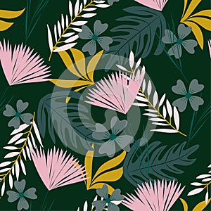 Summer seamless pattern with bright tropical plants and flowers on a dark green background. Vector design. Jungle print. Printing