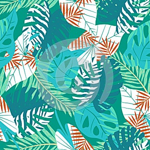 Summer seamless pattern with bright tropical plants and flowers on green background. Vector design. Jungle print. Printing and tex