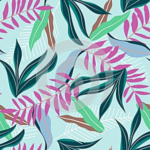 Summer seamless pattern with bright tropical plants and flowers on white background. Vector design. Jungle print. Printing and tex
