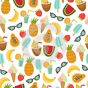 Summer seamless pattern with cartoon sunglasses, ice cream, banana, pineapple, papaya, strawberry,decor elements. colorful vector,
