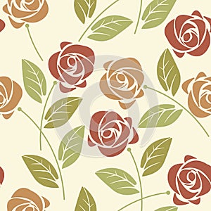 Summer seamless pattern with colorful roses and leaves on ivory