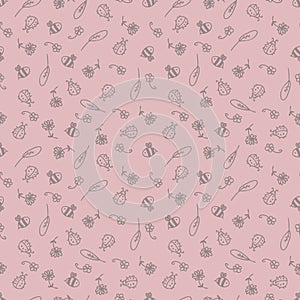 Summer seamless pattern of cute bees, ladybugs and flowers. Perfect for T-shirt, textile and prints. Doodle illustration