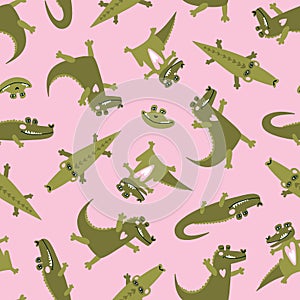 Summer seamless pattern with  cute crocodiles. Zoo repeated background. Vector bright print for baby fabric or wallpaper