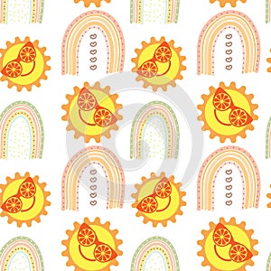 Summer seamless pattern , cute sun in glasses made of oranges and rainbows. Doodle for print, textile, kids bedroom decor