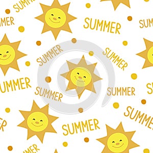 Summer seamless pattern with cute sun and letters.