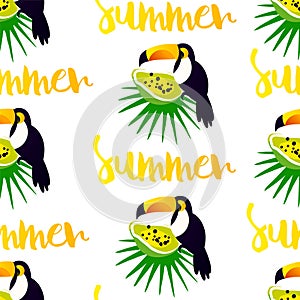 Summer seamless pattern with cute toucan, papaya and palm leaves on white background.