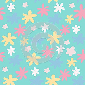 Summer seamless pattern with daisy flowers. Pink and yellow botanic elements on bright blue background