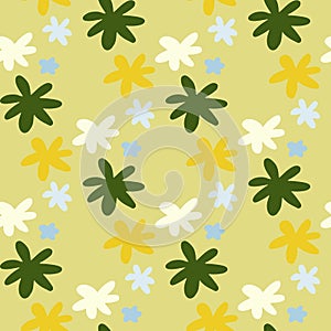 Summer seamless pattern with daisy flowers. Sunny design in yellow,blue,white and green colors. Simple backdrop