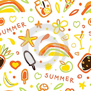 Summer Seamless Pattern Design, Holiday Symbols Background, Wallpaper, Textile, Packaging Vector Illustration
