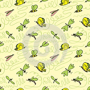 Summer seamless pattern with flying insects in the sky. Background with bees and butterlies