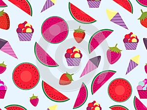 Summer seamless pattern with fruits and ice cream. Watermelon, strawberry and ice cream cone. Vector