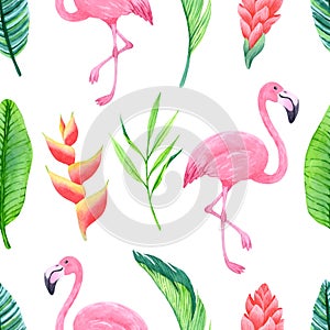 Summer seamless pattern with hand-drawn flamingo and blossom tropical plants