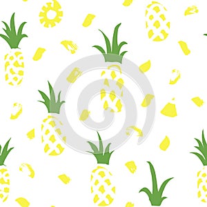 Summer seamless pattern with hand drawn pineapples and abstract brush strokes.