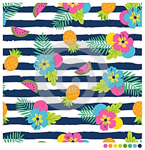 Summer seamless pattern with hibiscus and fruits