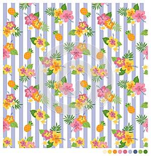 Summer seamless pattern with hibiscus and fruits